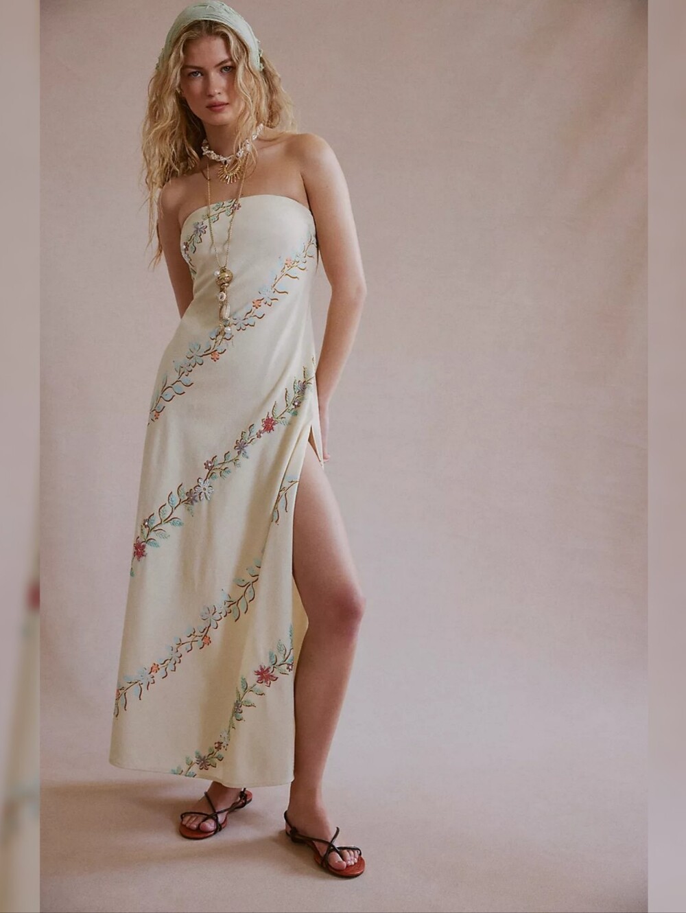 Free People‎ Floral Visions Embellished Maxi Dress Ivory Combo Women's